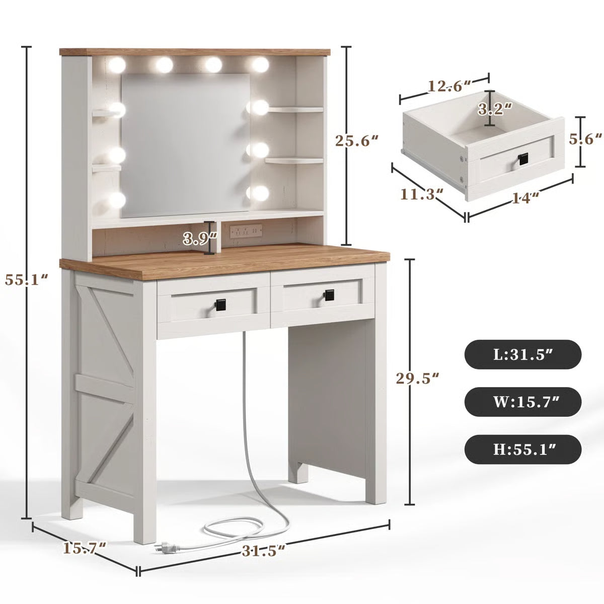 31.5" Farmhouse Vanity Desk with LED Lighted Mirror, Adjustable 3-Color Lighting, Storage Drawers & Shelves, and Charging Station