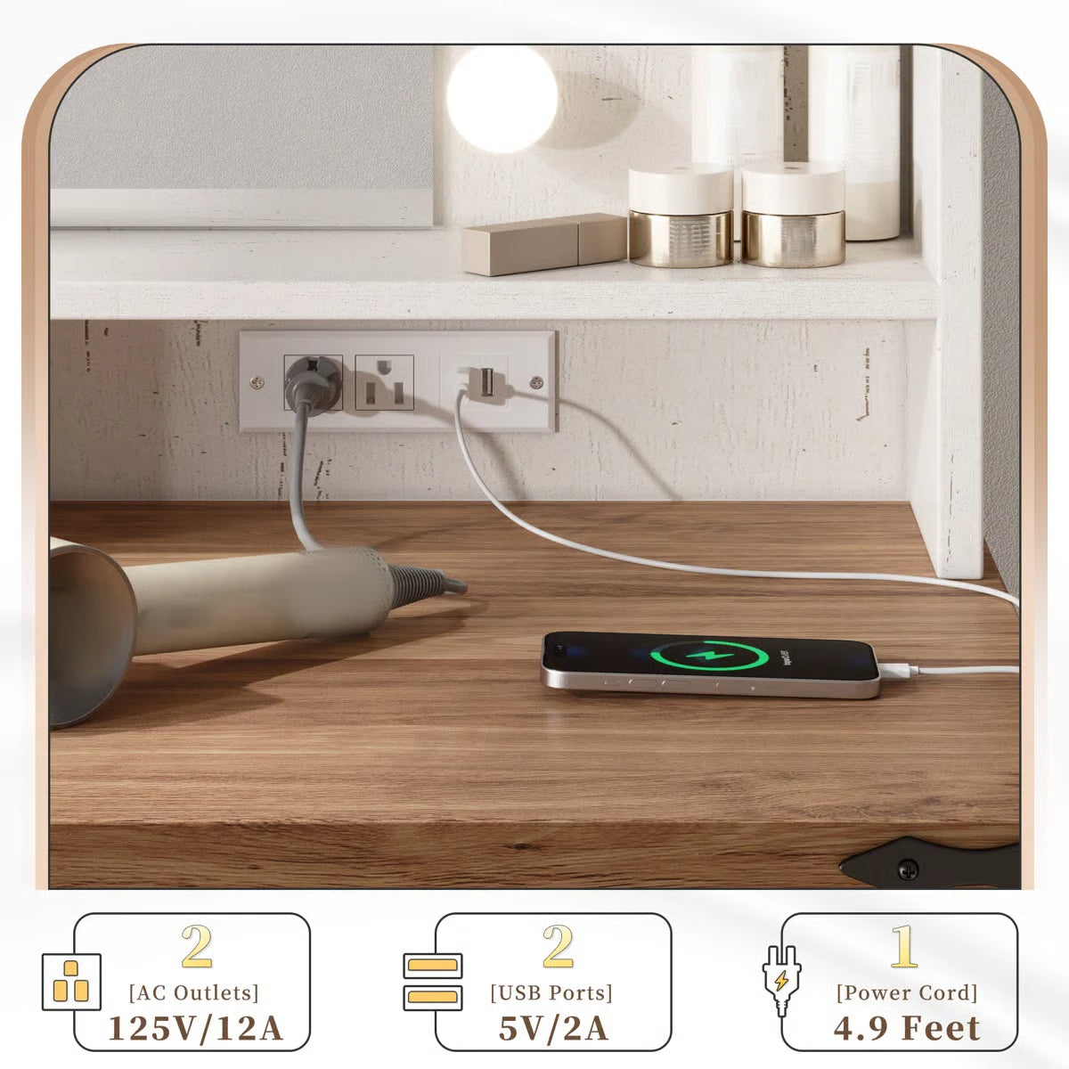 31.5" Farmhouse Vanity Desk with LED Lighted Mirror, Adjustable 3-Color Lighting, Storage Drawers & Shelves, and Charging Station at OUCH CART - OUCH CART | Dressing table