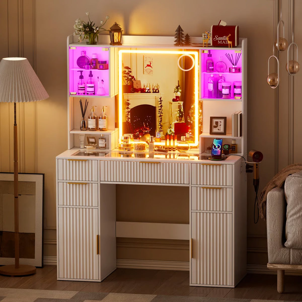 Fluted Lighted Makeup Vanity Table with 3-Color LED Lighting and Glass Top-OUCH CART | Dressing table