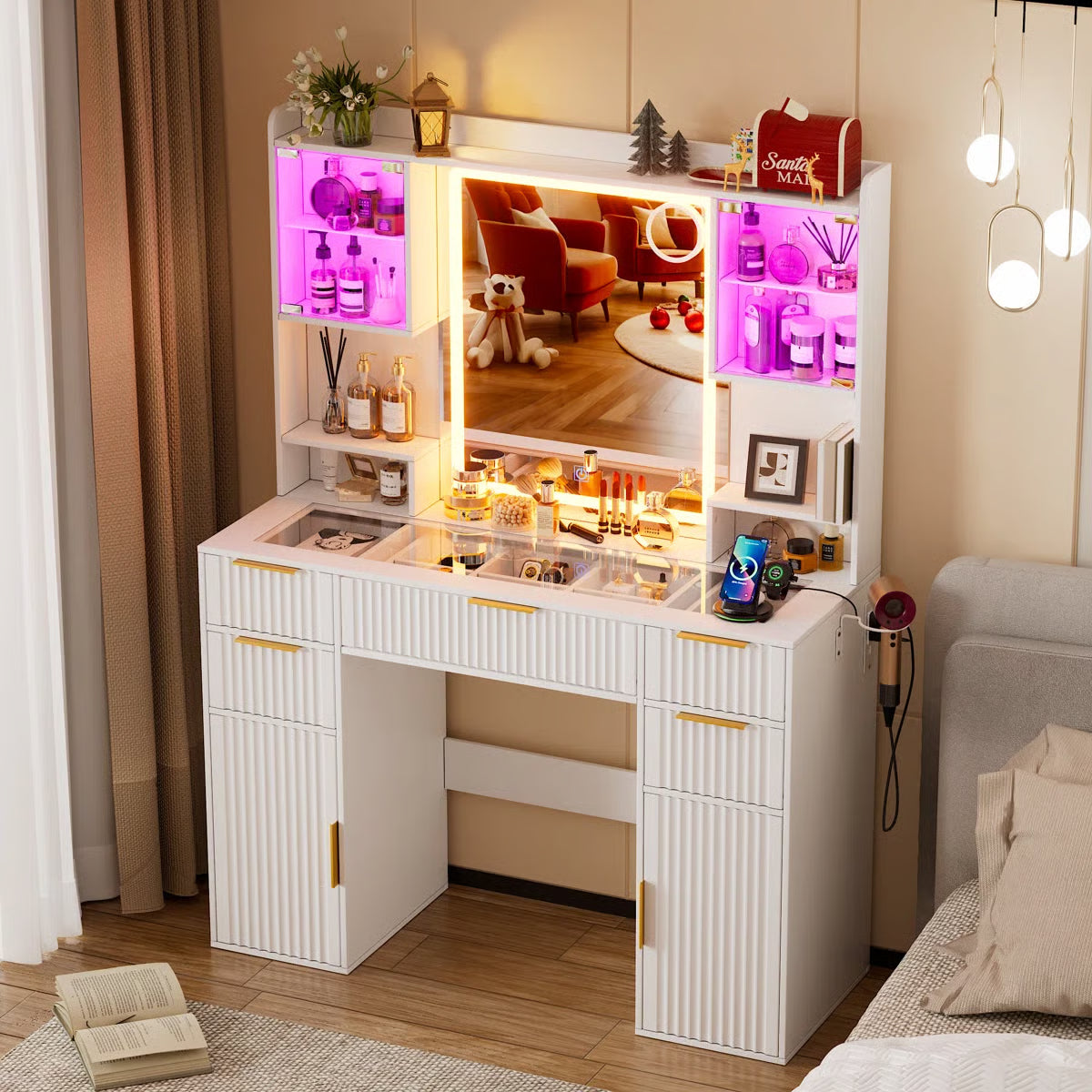 Fluted Lighted Makeup Vanity Table with 3-Color LED Lighting and Glass Top