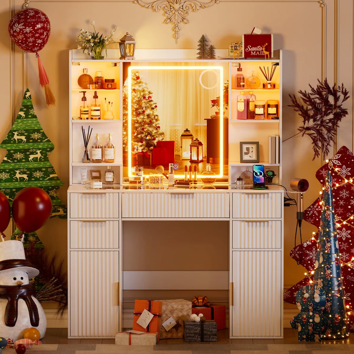 Fluted Lighted Makeup Vanity Table with 3-Color LED Lighting and Glass Top