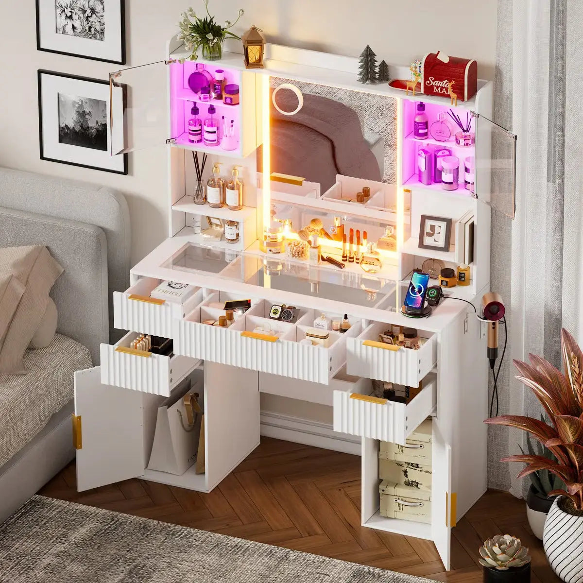 Fluted Lighted Makeup Vanity Table with 3-Color LED Lighting and Glass Top