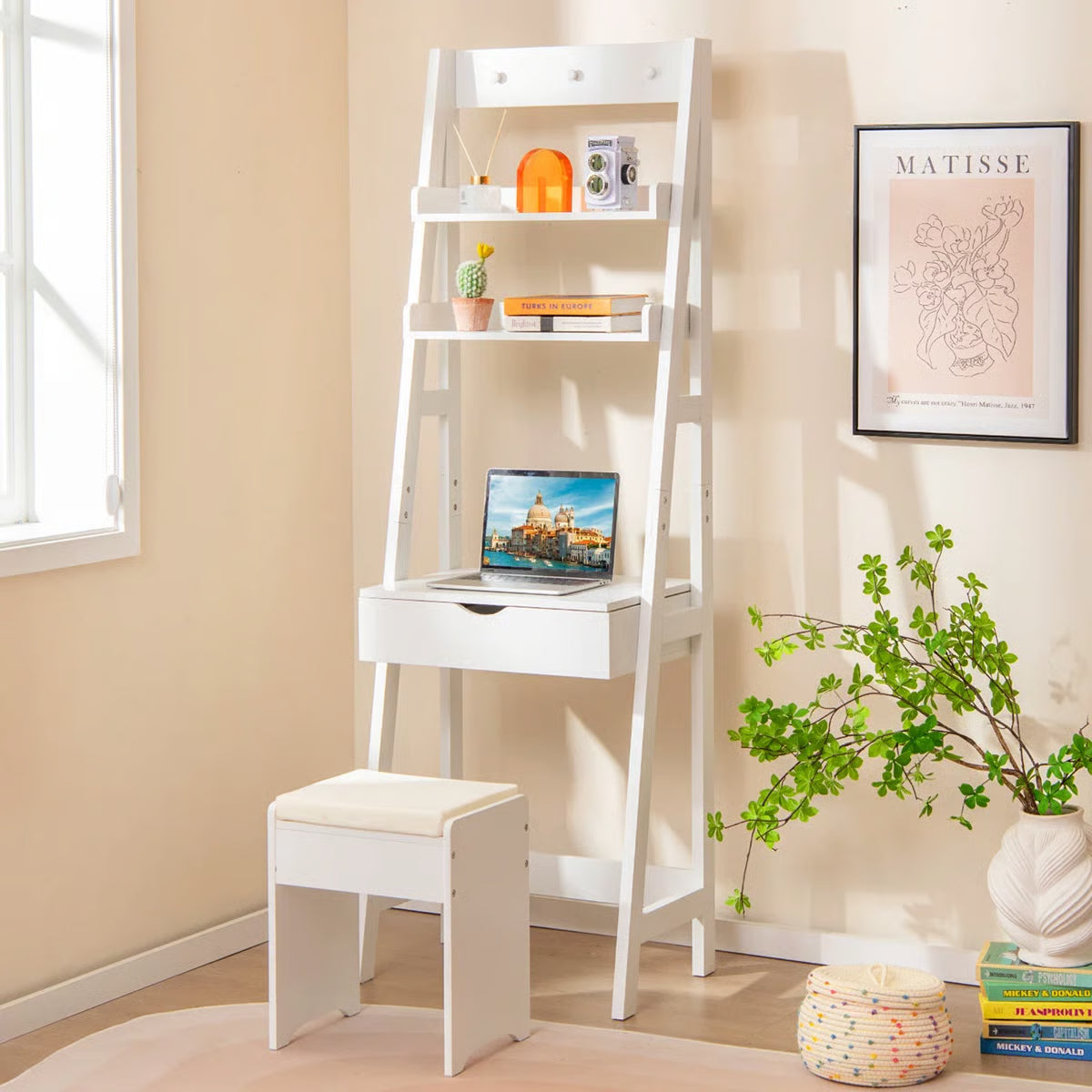 Flip-Up Makeup Vanity Desk – 3-Color LED Mirror, 6 Compartments & Stool Included-OUCH CART |Dressing table