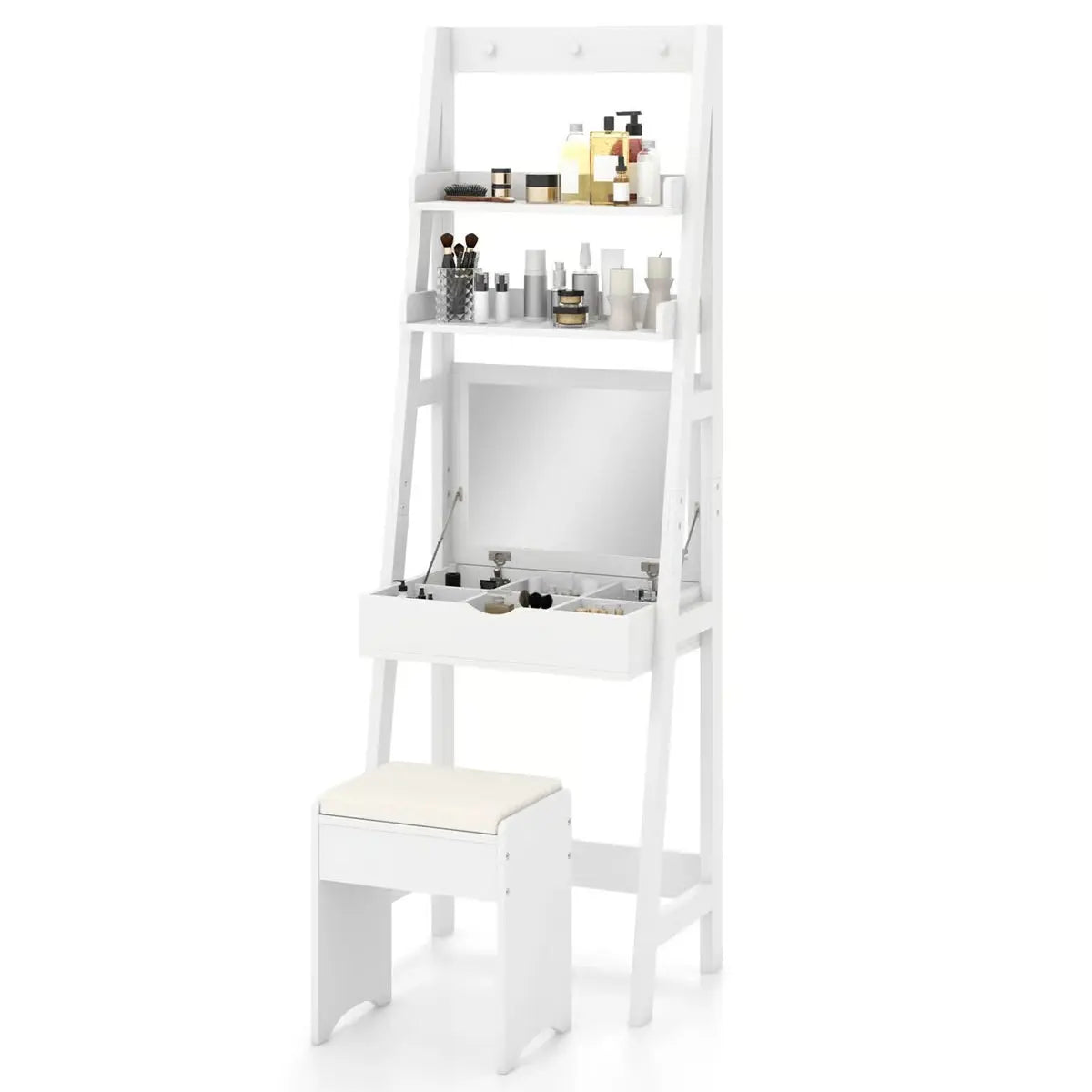 Flip-Up Makeup Vanity Desk – 3-Color LED Mirror, 6 Compartments & Stool Included-OUCH CART |Dressing table