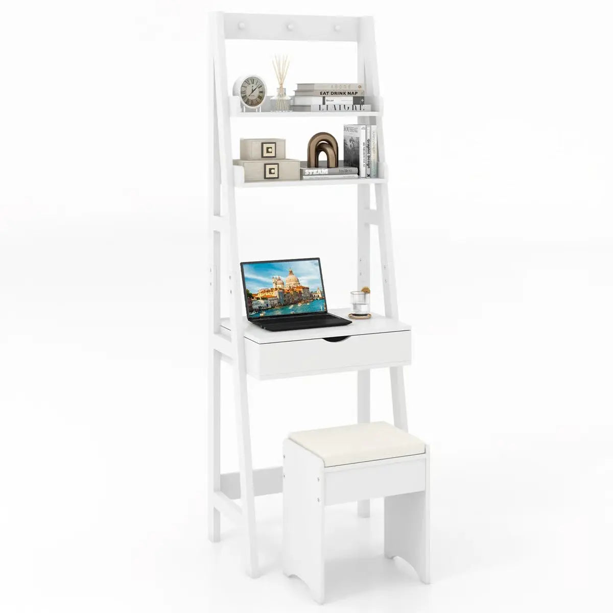 Flip-Up Makeup Vanity Desk – 3-Color LED Mirror, 6 Compartments & Stool Included