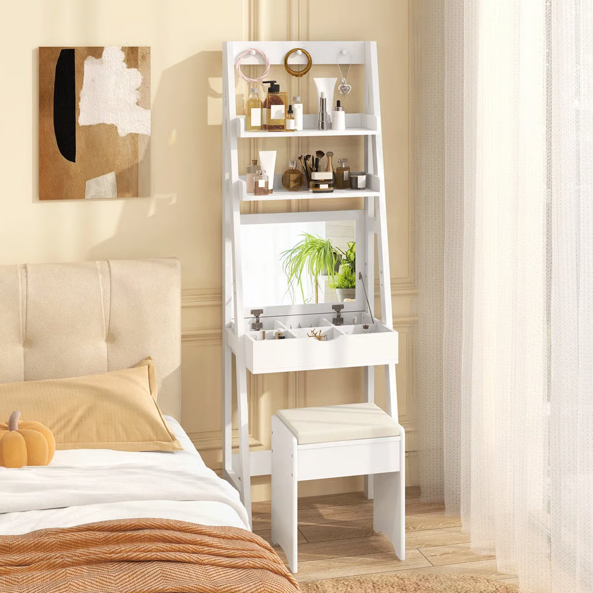 Flip-Up Makeup Vanity Desk – 3-Color LED Mirror, 6 Compartments & Stool Included-OUCH CART |Dressing table