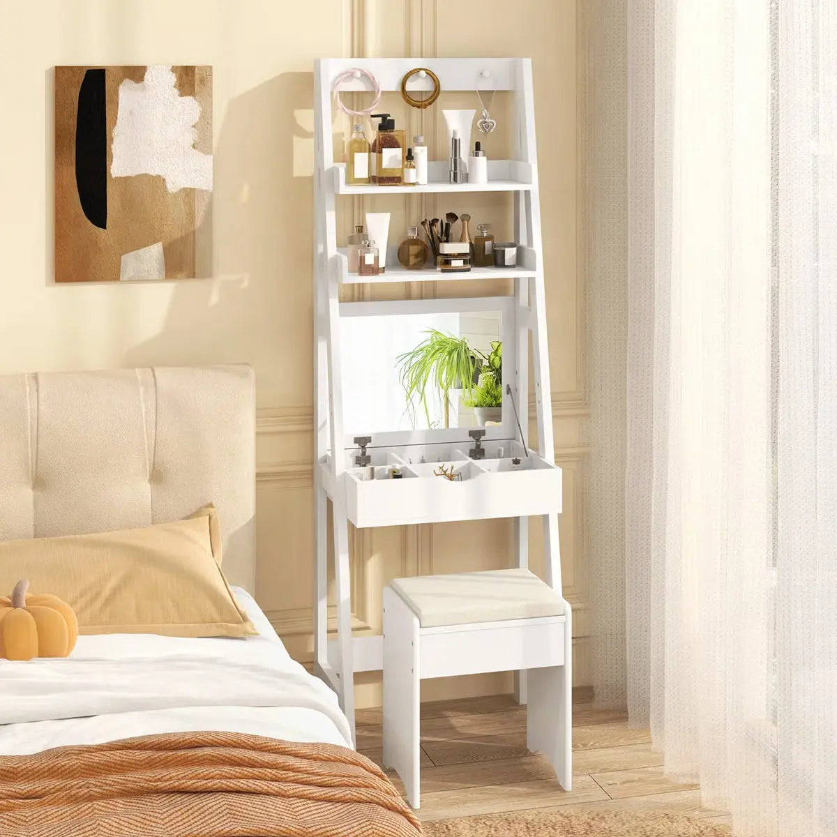 Flip-Up Makeup Vanity Desk – 3-Color LED Mirror, 6 Compartments & Stool Included-OUCH CART |Dressing table