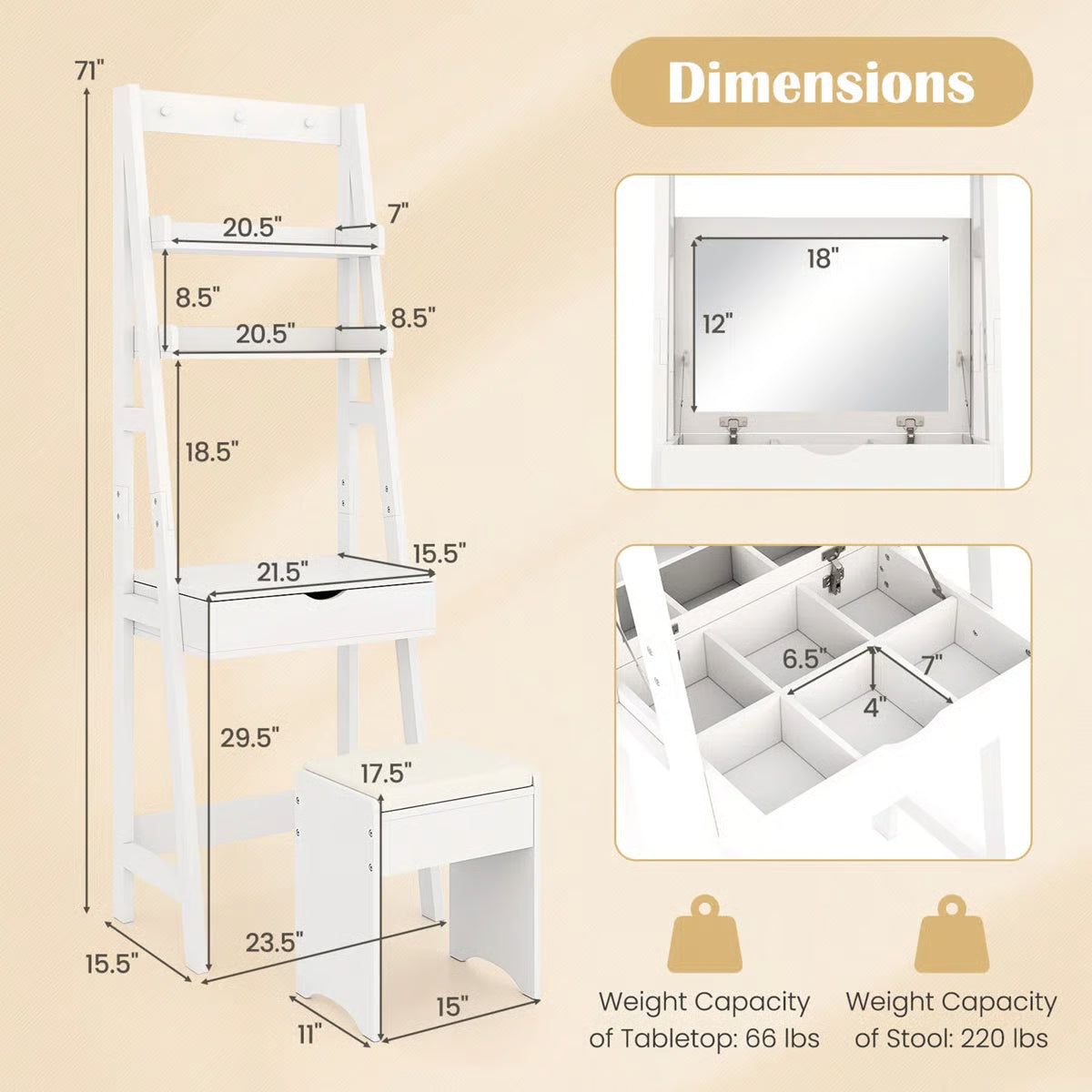Flip-Up Makeup Vanity Desk – 3-Color LED Mirror, 6 Compartments & Stool Included-OUCH CART |Dressing table