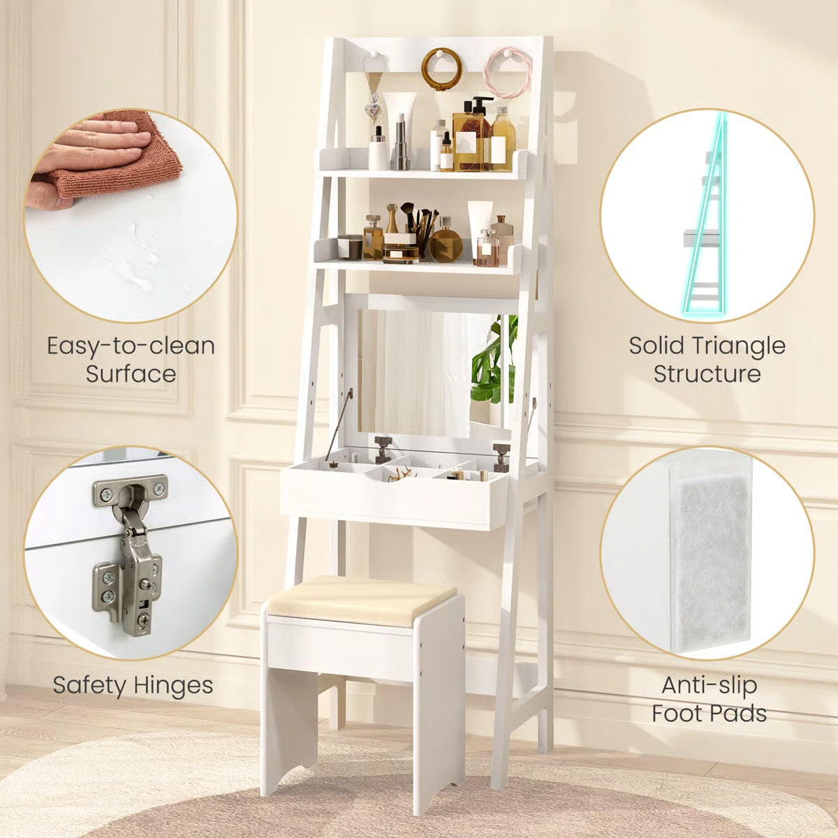 Flip-Up Makeup Vanity Desk – 3-Color LED Mirror, 6 Compartments & Stool Included