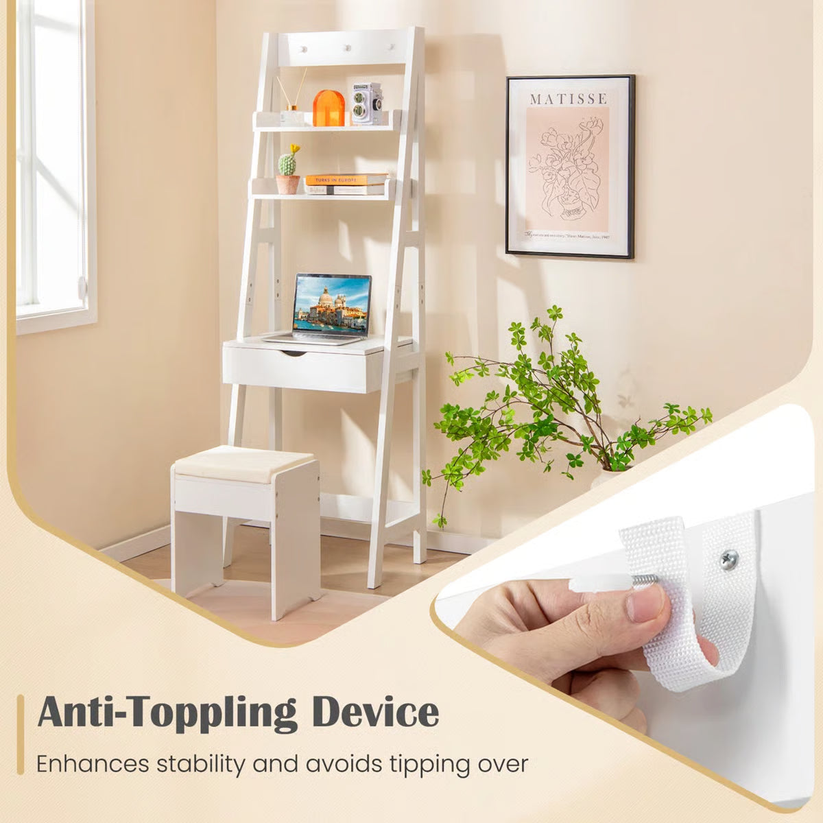 Flip-Up Makeup Vanity Desk – 3-Color LED Mirror, 6 Compartments & Stool Included