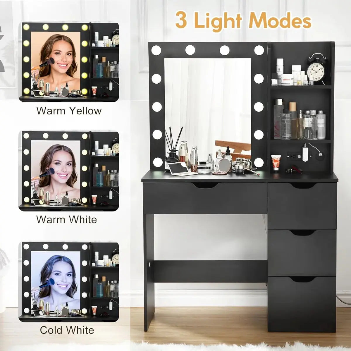 Makeup Vanity Desk with LED Mirror – 4 Drawers & Bedroom Vanity Storage