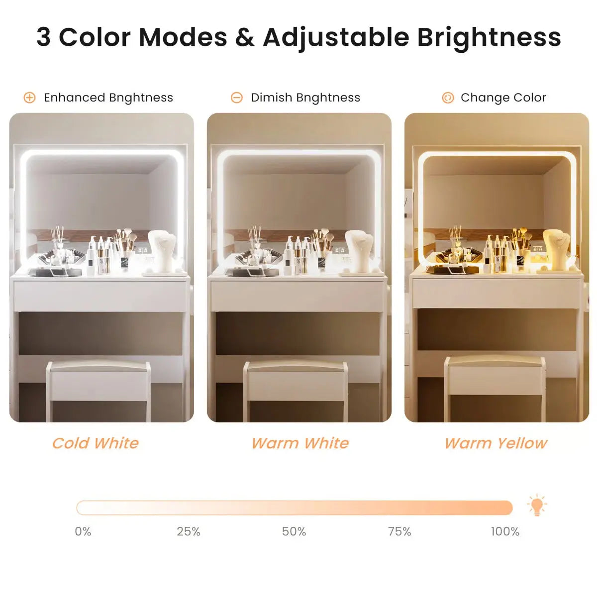 With 4 Drawers And Upholstered Stool, Brightness Adjustable In 3 Lighting Modes, Storage Table,43.3"L *15.7"W