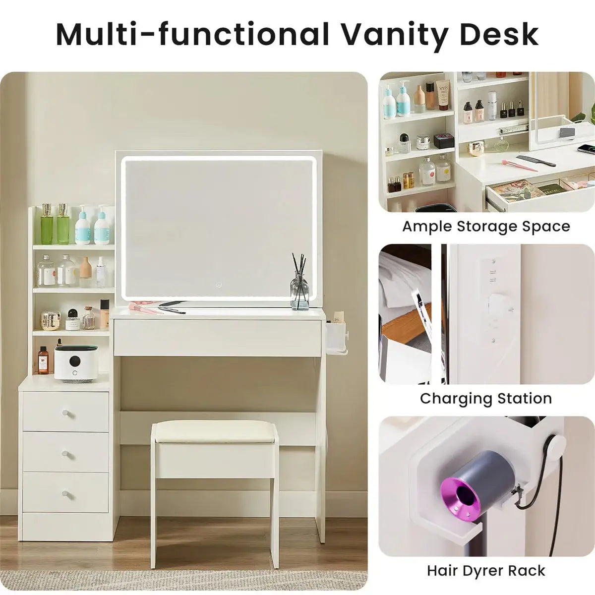 With 4 Drawers And Upholstered Stool, Brightness Adjustable In 3 Lighting Modes, Storage Table,43.3"L *15.7"W