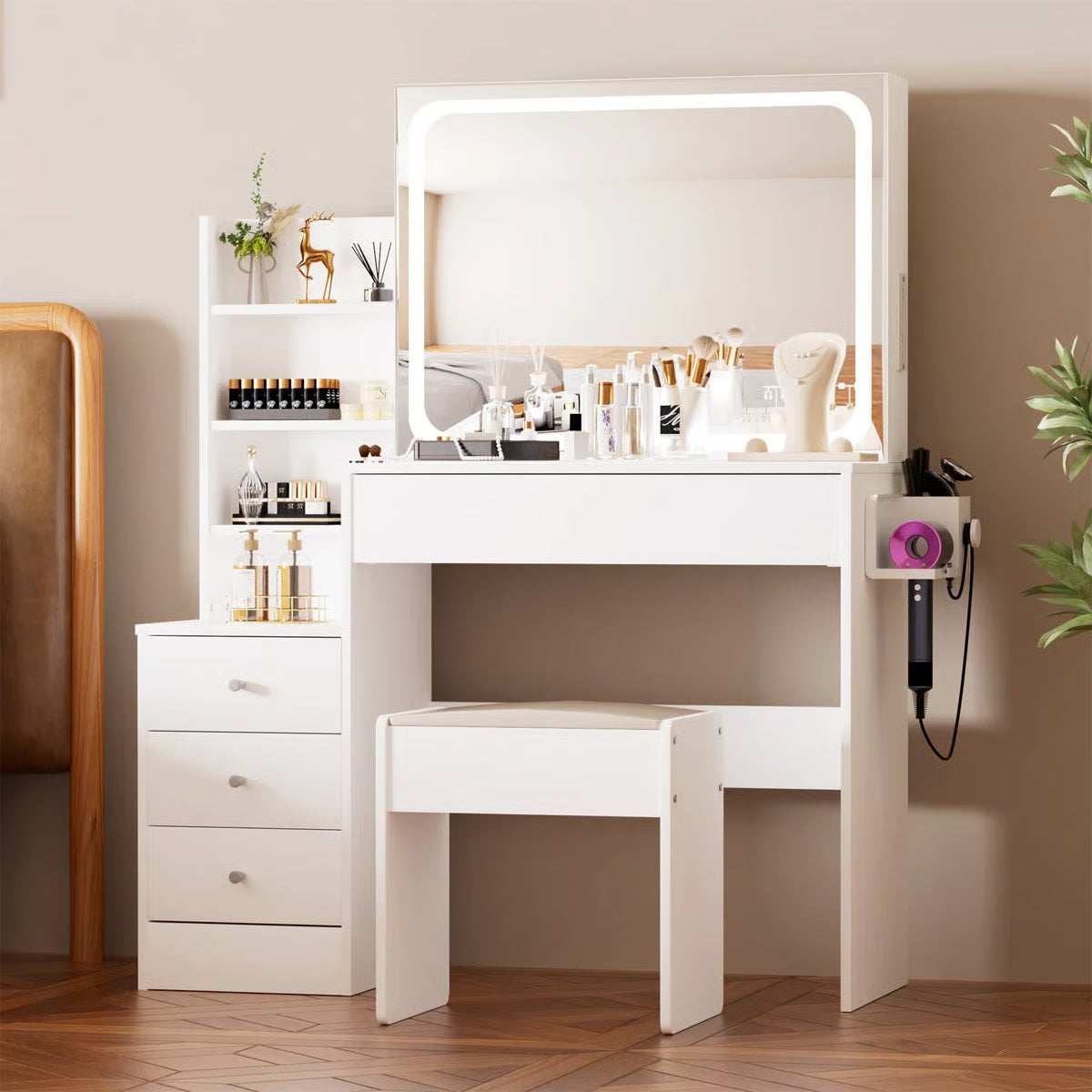 With 4 Drawers And Upholstered Stool, Brightness Adjustable In 3 Lighting Modes, Storage Table,43.3"L *15.7"W -OUCH CART |Dressing table