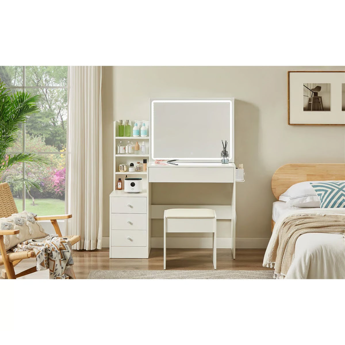 With 4 Drawers And Upholstered Stool, Brightness Adjustable In 3 Lighting Modes, Storage Table,43.3"L *15.7"W
