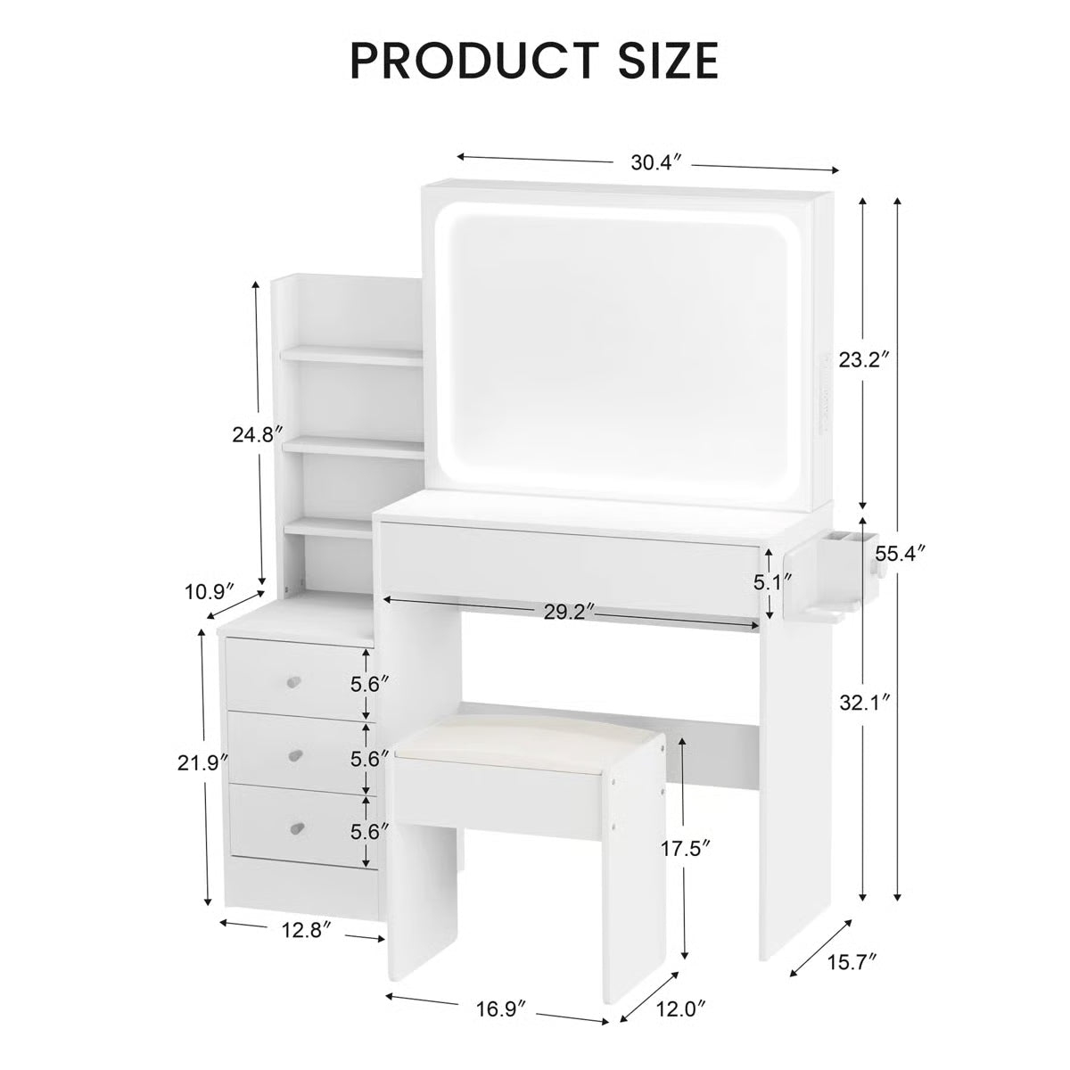 With 4 Drawers And Upholstered Stool, Brightness Adjustable In 3 Lighting Modes, Storage Table,43.3"L *15.7"W