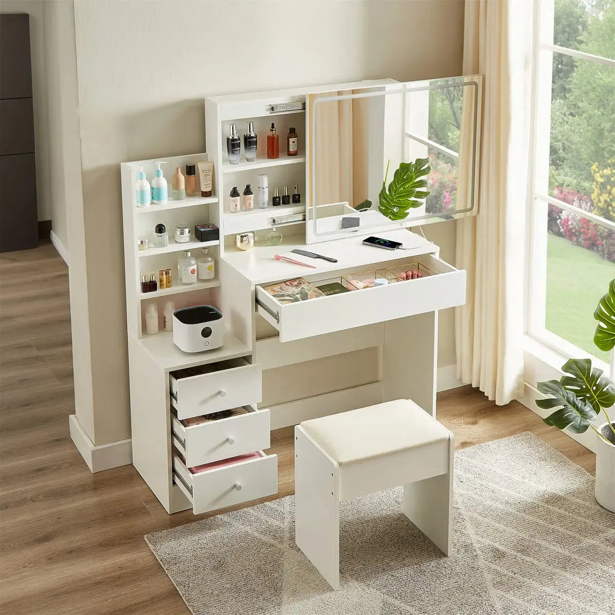 With 4 Drawers And Upholstered Stool, Brightness Adjustable In 3 Lighting Modes, Storage Table,43.3"L *15.7"W -OUCH CART |Dressing table