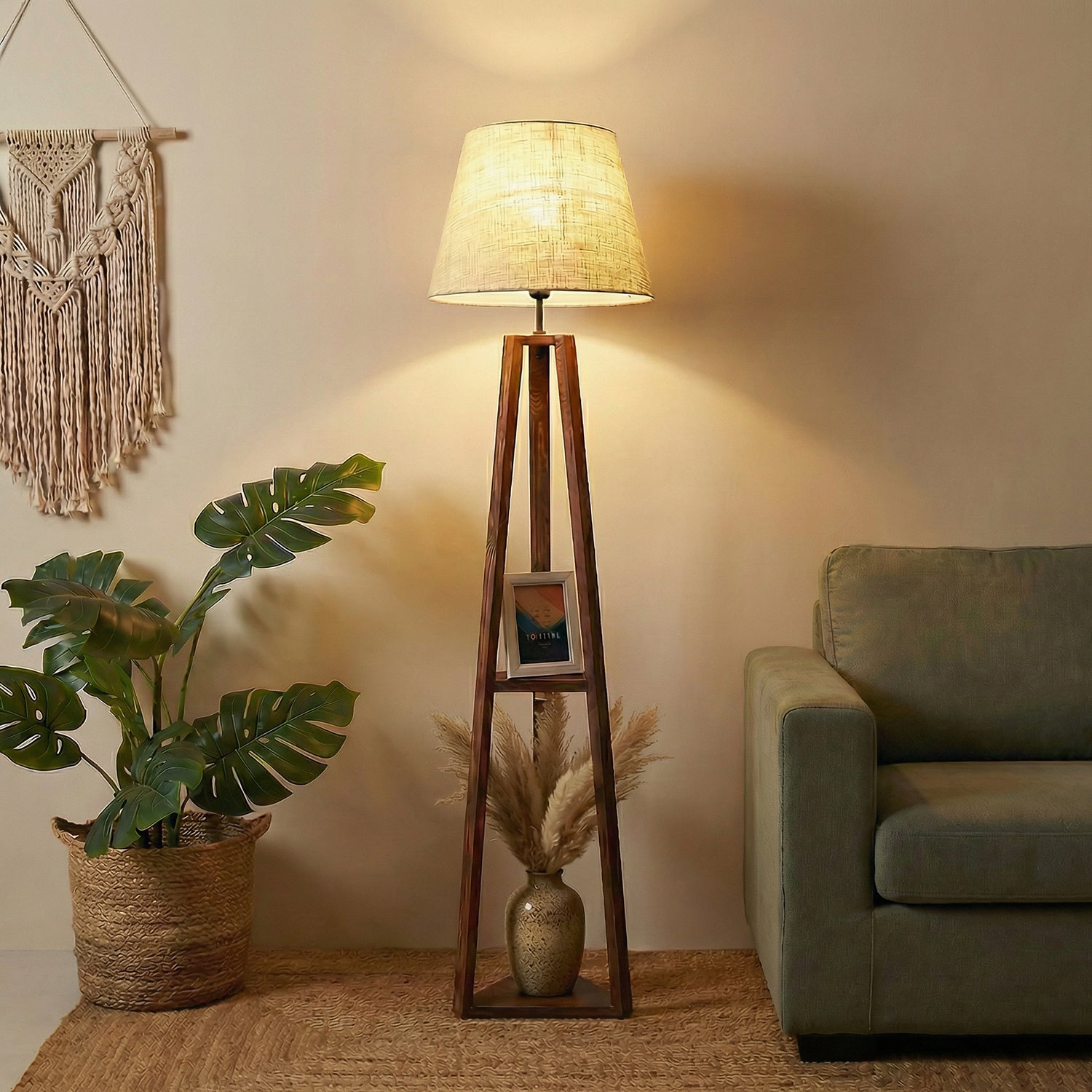Vantage Wooden Floor Lamp with Brown Base and Jute Fabric Lampshade (BULB NOT INCLUDED)