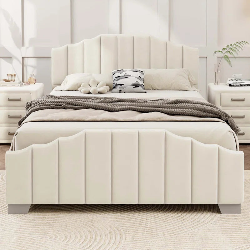 Velvet Upholstered Platform Bed Vertical Channel Tufted Headboard And Footboard, No Box Spring Needed