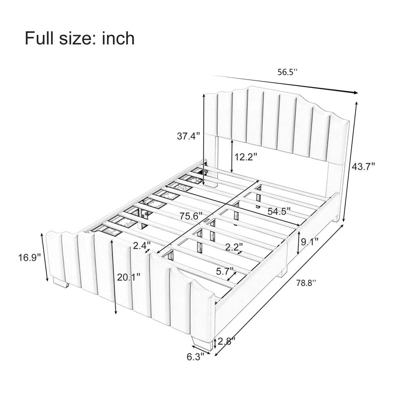 Velvet Upholstered Platform Bed Vertical Channel Tufted Headboard And Footboard, No Box Spring Needed