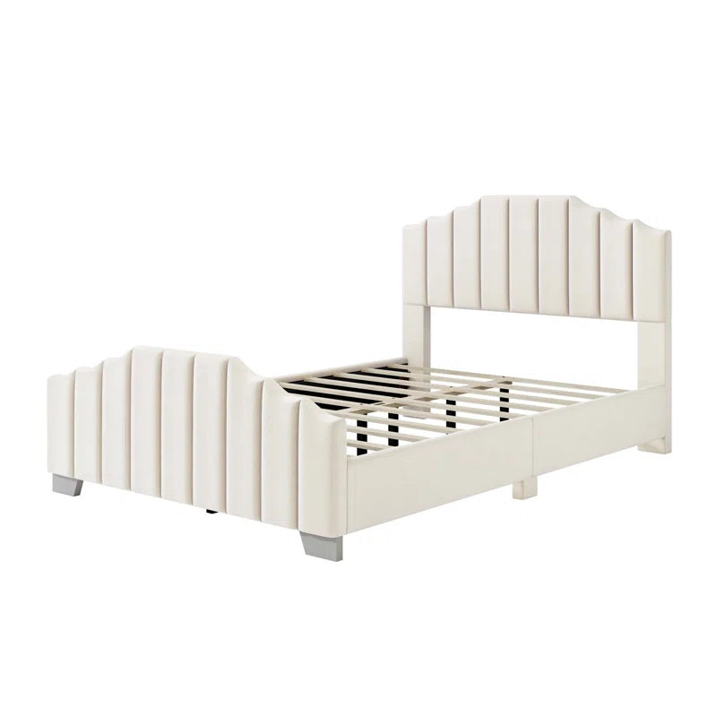 Velvet Upholstered Platform Bed Vertical Channel Tufted Headboard And Footboard, No Box Spring Needed