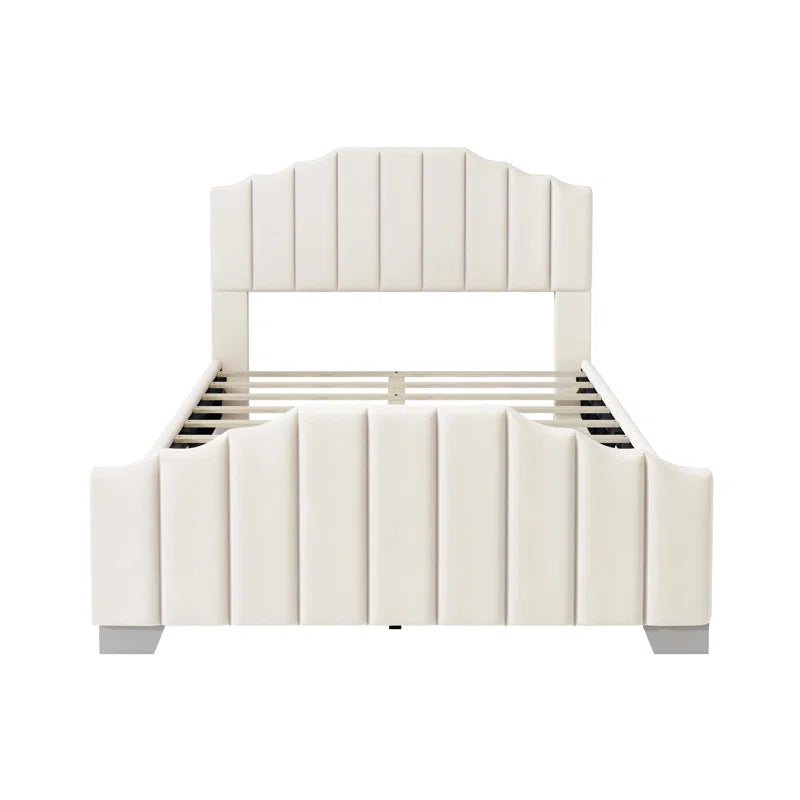 Velvet Upholstered Platform Bed Vertical Channel Tufted Headboard And Footboard, No Box Spring Needed
