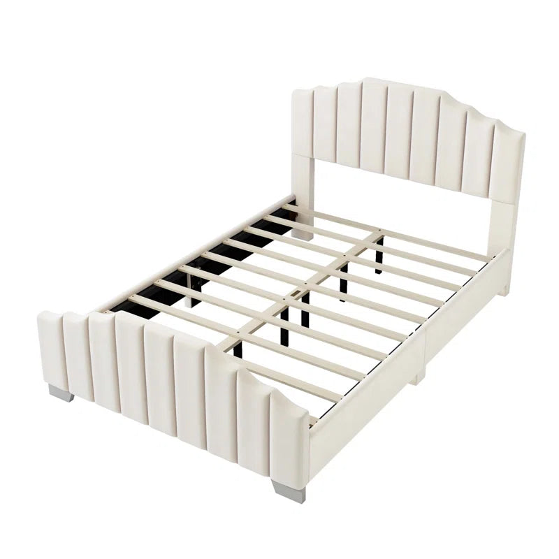 Velvet Upholstered Platform Bed Vertical Channel Tufted Headboard And Footboard, No Box Spring Needed