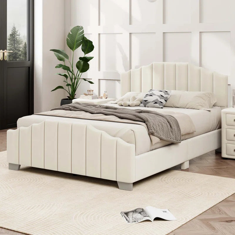 Velvet Upholstered Platform Bed Vertical Channel Tufted Headboard And Footboard, No Box Spring Needed
