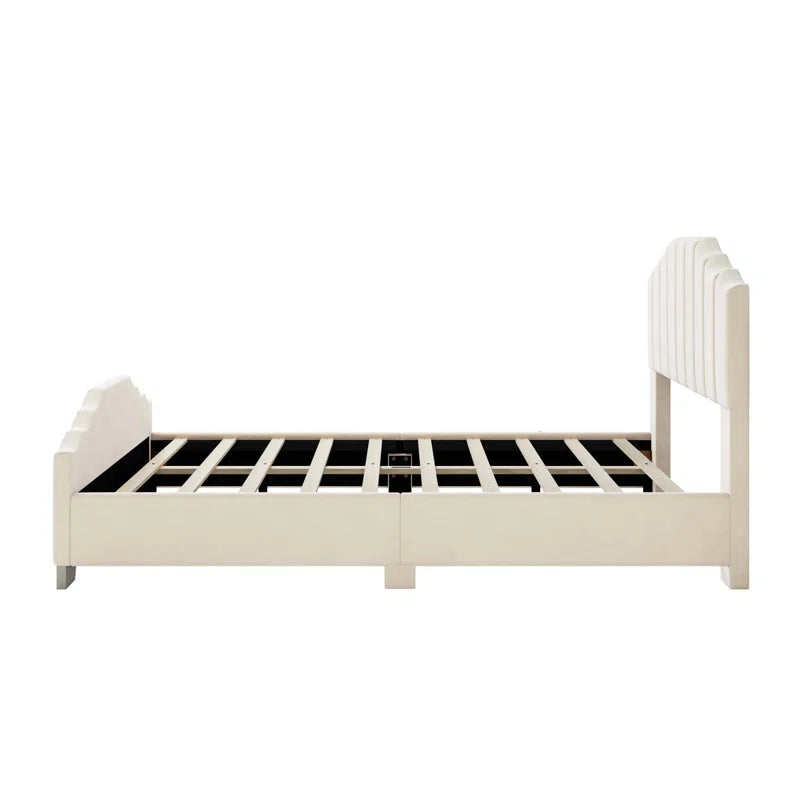 Velvet Upholstered Platform Bed Vertical Channel Tufted Headboard And Footboard, No Box Spring Needed