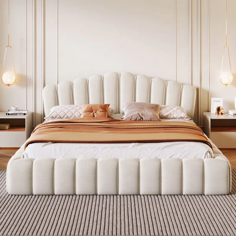 Velvet Upholstered Queen Bed Frame Floor Bed Shell-Shaped Headboard for Bedroom,No Box Spring Needed,Beige OUCH CART