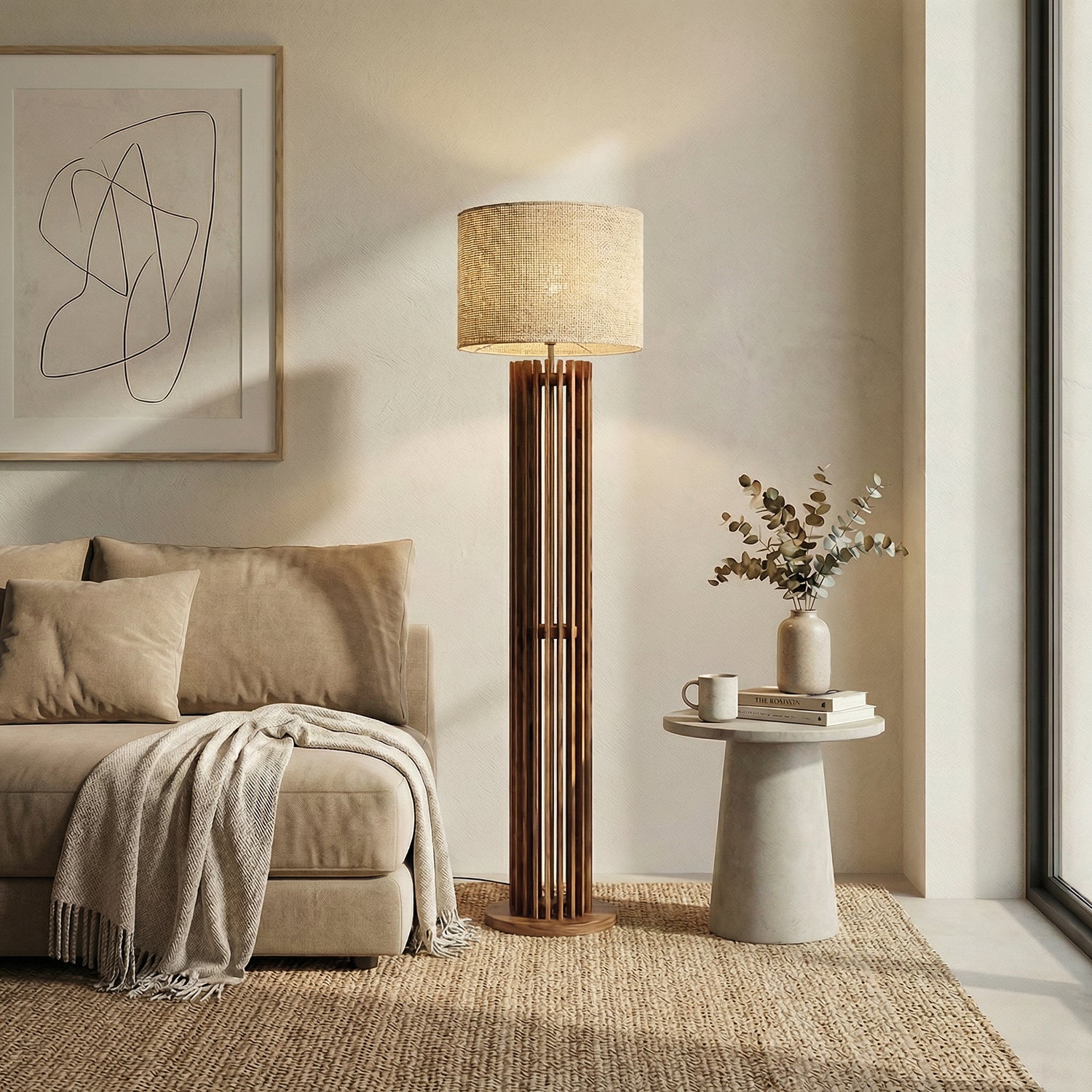 Ventus Wooden Floor Lamp with Premium Beige Fabric Lampshade (BULB NOT INCLUDED)