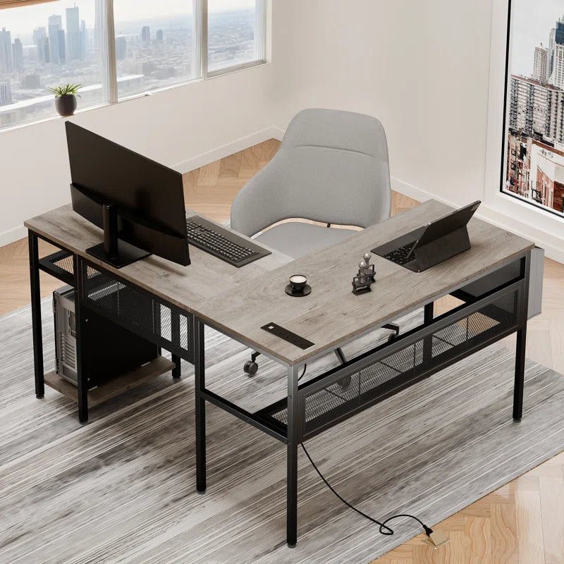 L-Shaped Reversible Computer Desk with Power Strip and Storage Bag for Home Office