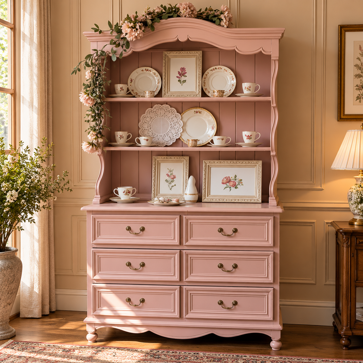 Vintage Blush Pink Wooden Hutch Cabinet with 6 Drawers & Open Display Shelves | French Country Furniture