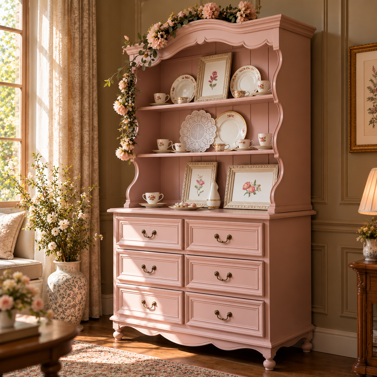 Vintage Blush Pink Wooden Hutch Cabinet with 6 Drawers & Open Display Shelves | French Country Furniture
