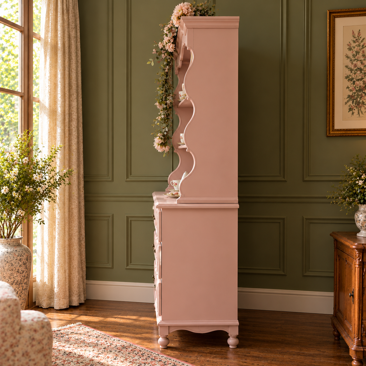 Vintage Blush Pink Wooden Hutch Cabinet with 6 Drawers & Open Display Shelves | French Country Furniture