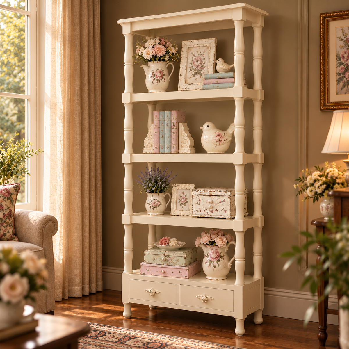 Vintage Cream Wooden Bookshelf with 5 Open Shelves and 2 Drawers | Shabby Chic Display Rack