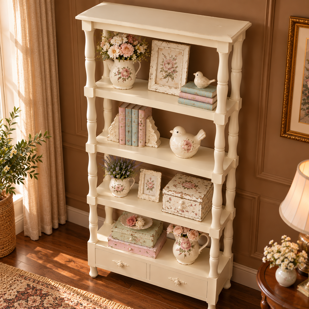 Vintage Cream Wooden Bookshelf with 5 Open Shelves and 2 Drawers | Shabby Chic Display Rack