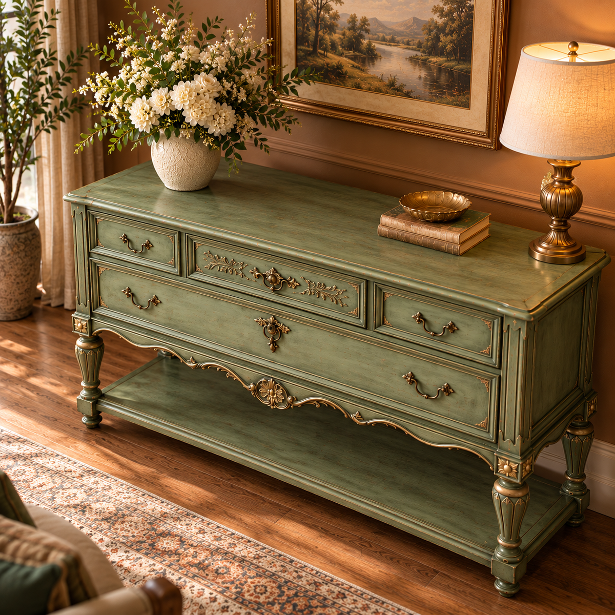 Vintage Sage Green Console Table with 4 Drawers & Lower Shelf | French Provincial Antique-Style Furniture