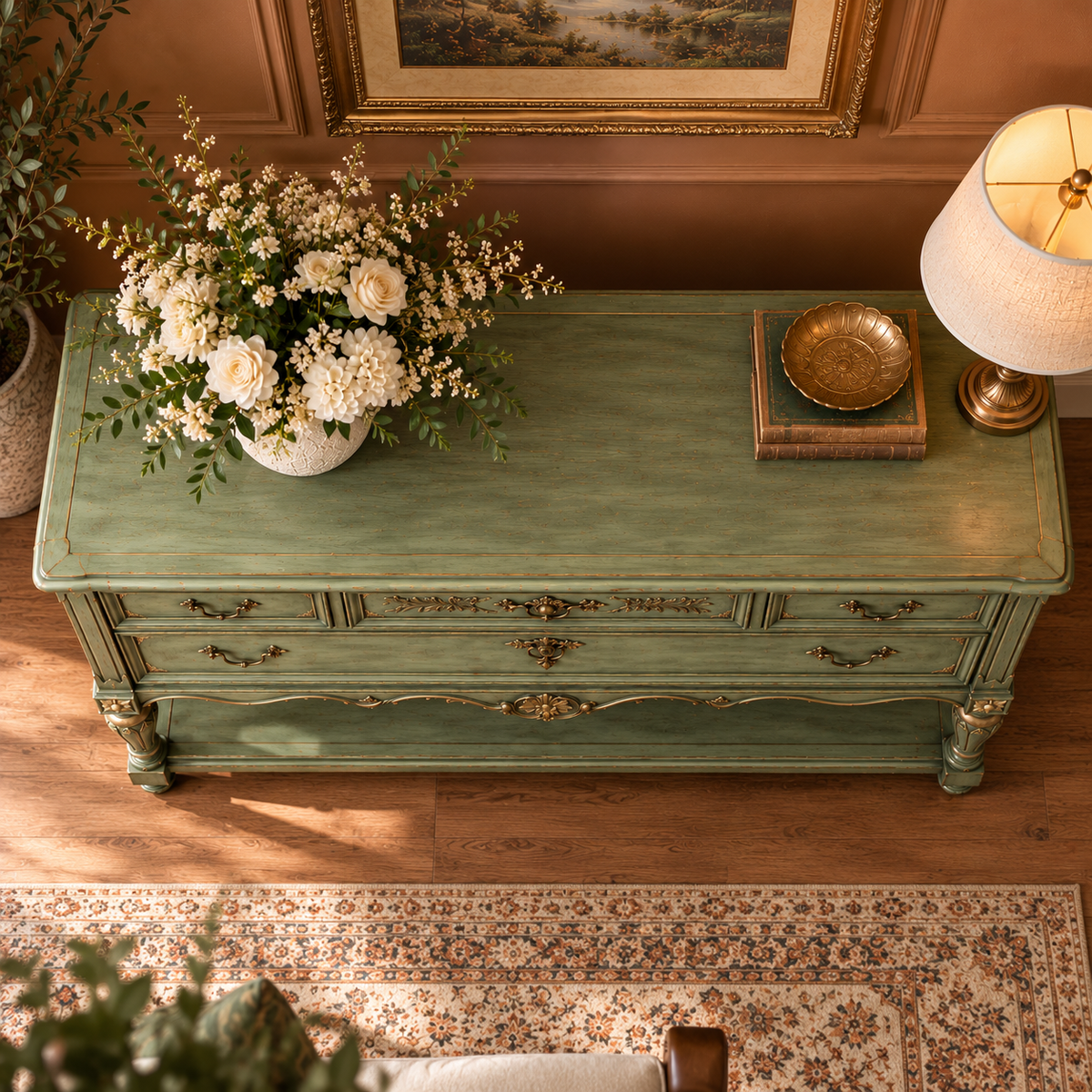 Vintage Sage Green Console Table with 4 Drawers & Lower Shelf | French Provincial Antique-Style Furniture