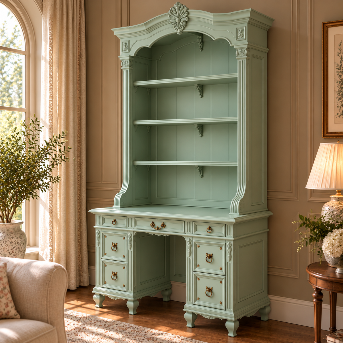 Vintage Sage Green French Country Writing Desk with Hutch, Open Shelves & Drawers
