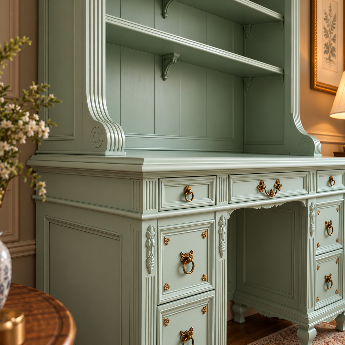 Vintage Sage Green French Country Writing Desk with Hutch, Open Shelves & Drawers