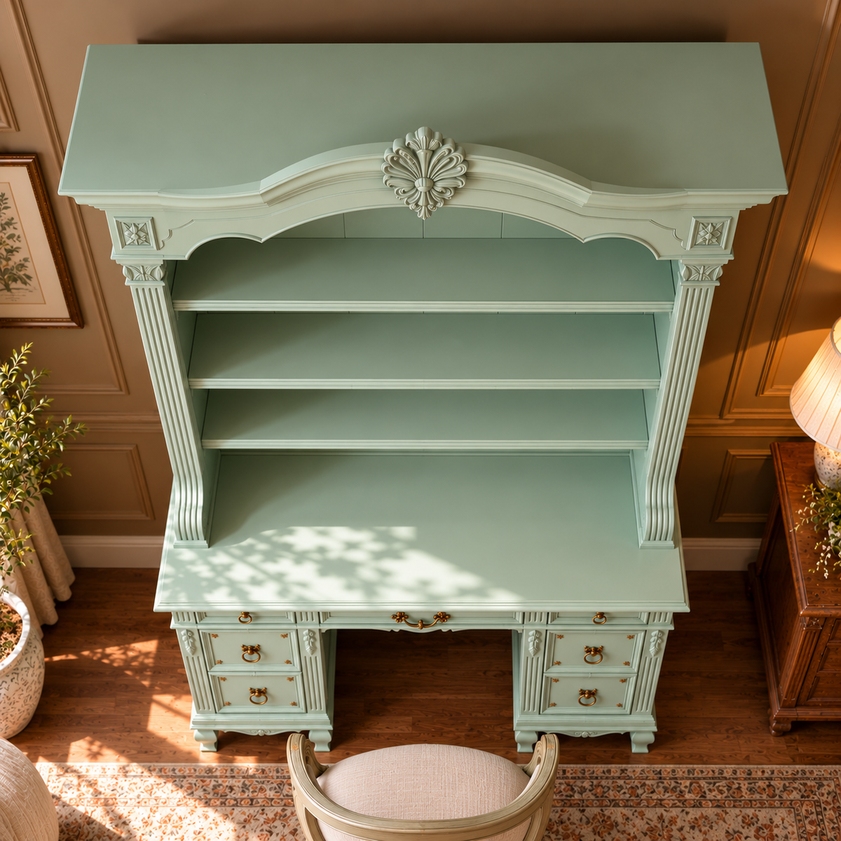 Vintage Sage Green French Country Writing Desk with Hutch, Open Shelves & Drawers
