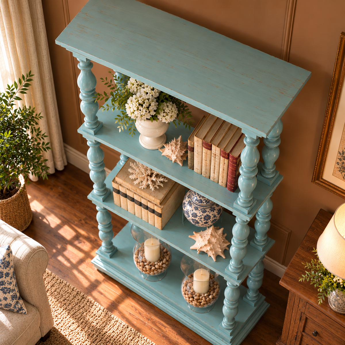 Vintage Teal Blue Wooden Display Shelf with Turned Spindles Coastal Farmhouse Open Bookshelf