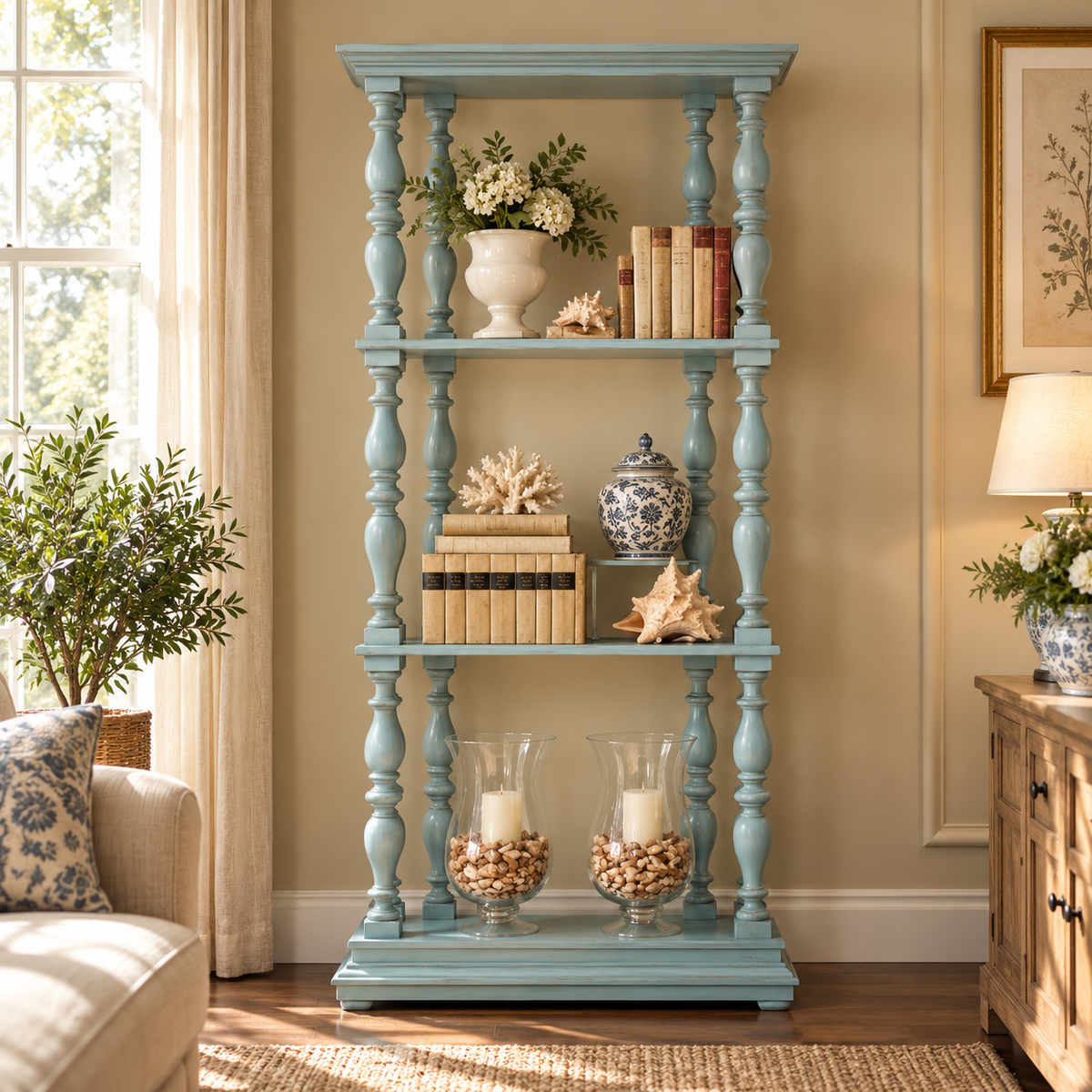 Vintage Teal Blue Wooden Display Shelf with Turned Spindles Coastal Farmhouse Open Bookshelf