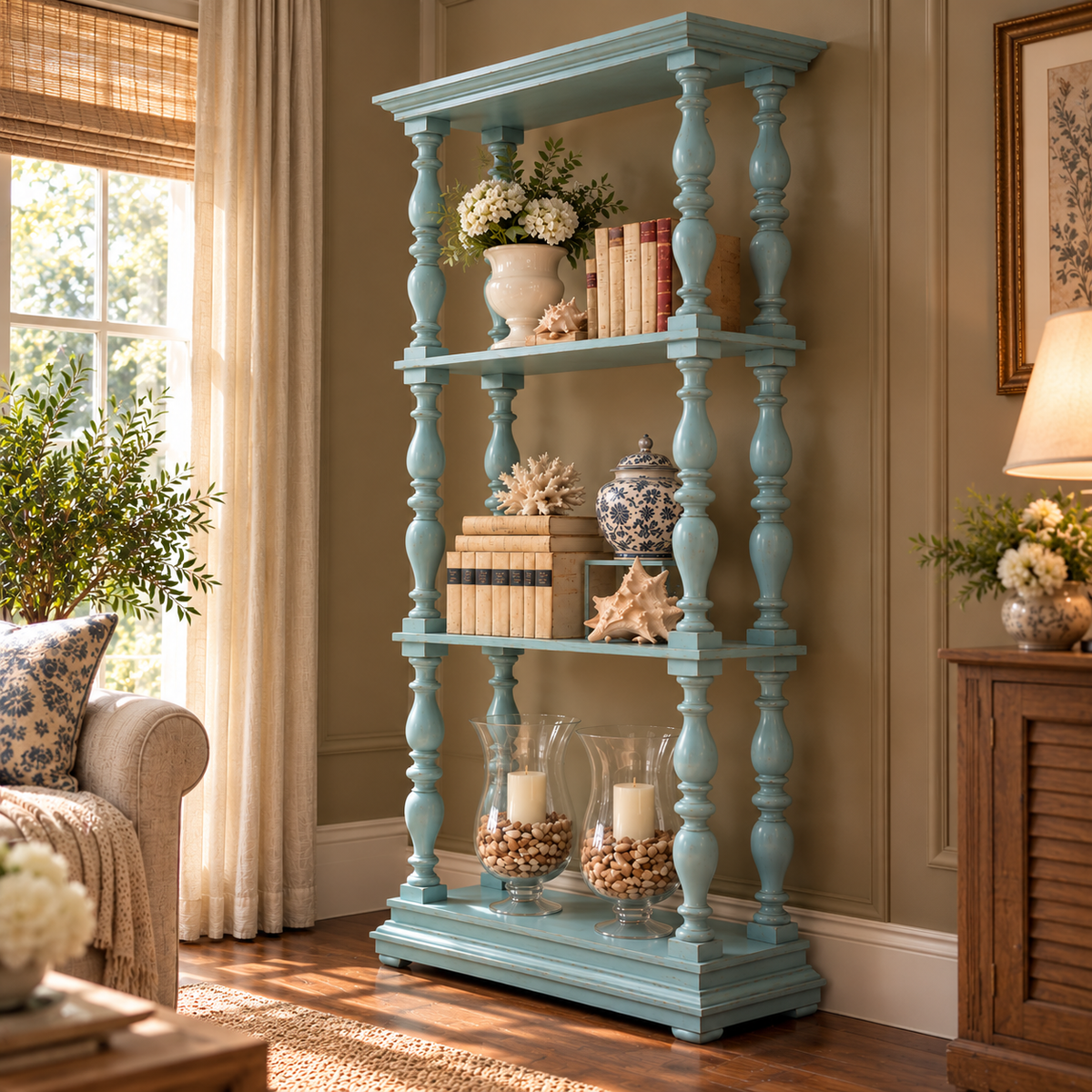 Vintage Teal Blue Wooden Display Shelf with Turned Spindles Coastal Farmhouse Open Bookshelf