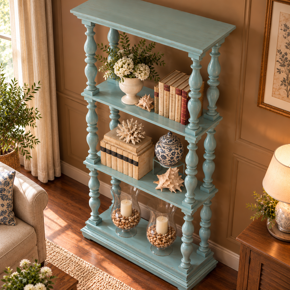 Vintage Teal Blue Wooden Display Shelf with Turned Spindles Coastal Farmhouse Open Bookshelf