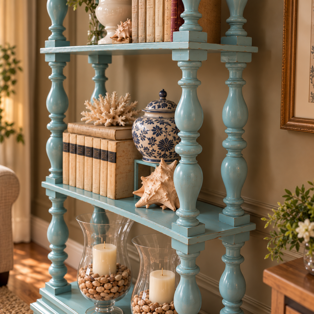 Vintage Teal Blue Wooden Display Shelf with Turned Spindles Coastal Farmhouse Open Bookshelf