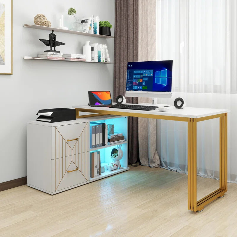 55'' Reversible L-Shaped Metal Base Writing Desk with LED Light & Power Outlets Ouch Cart
