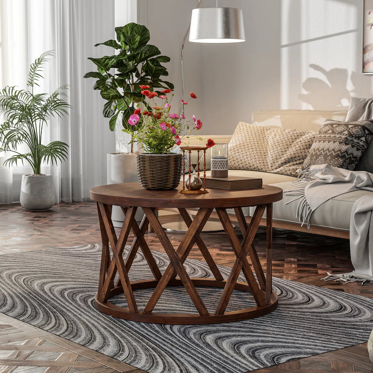 Viradis Farmhouse Coffee Table, Rustic Round Coffee Table with X-Motifs Legs, Wood Textured Top Ouch Cart