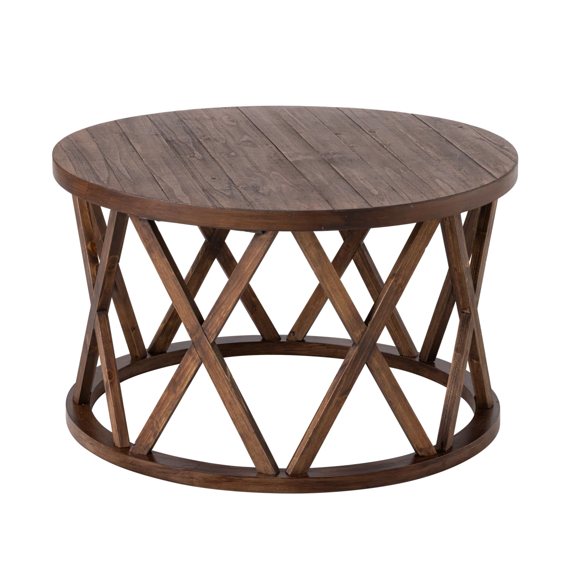 Viradis Farmhouse Coffee Table, Rustic Round Coffee Table with X-Motifs Legs, Wood Textured Top Ouch Cart
